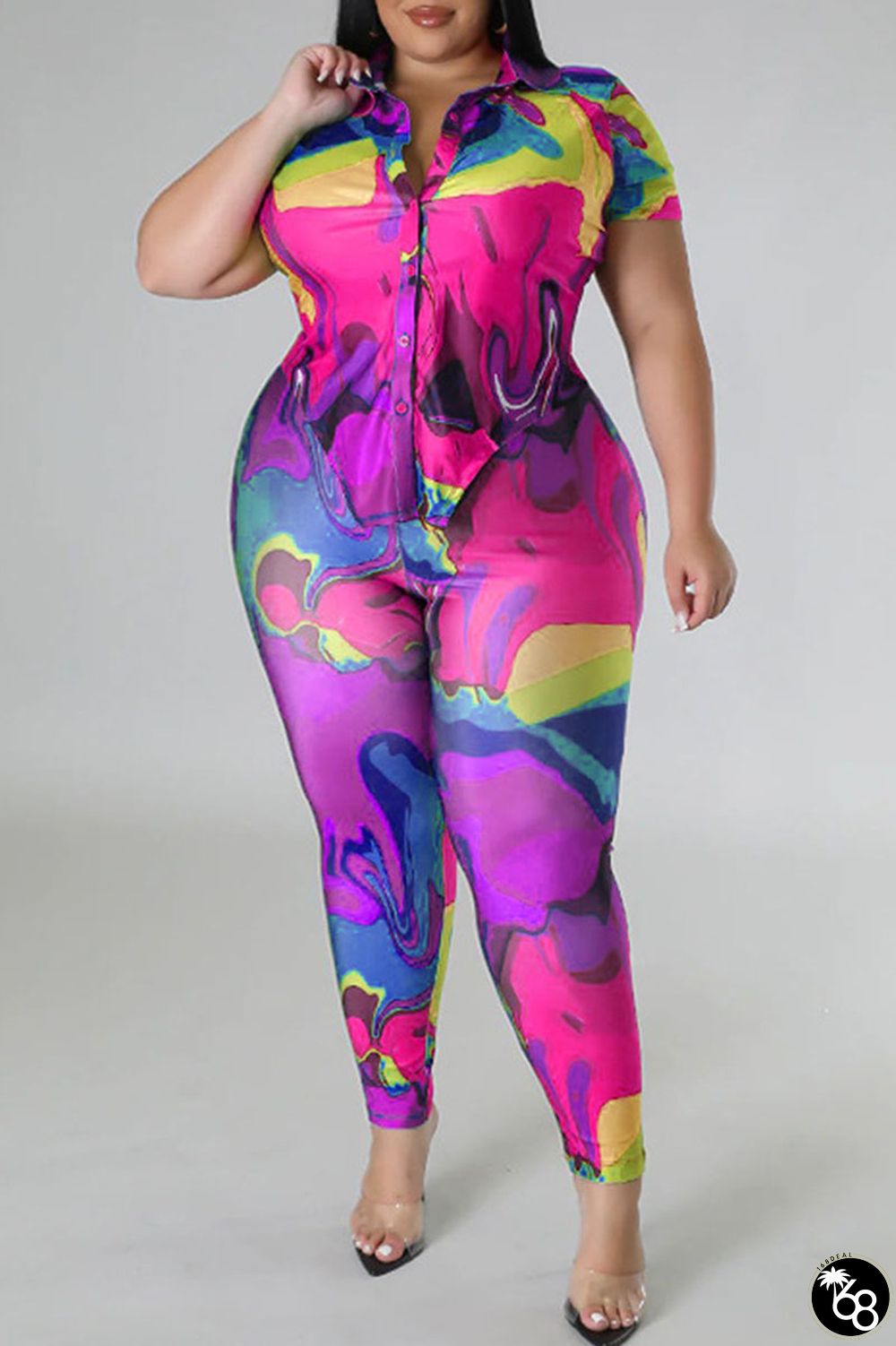 Rose Red Casual Street Print Patchwork Buckle Asymmetrical Turndown Collar Plus Size Two Pieces | 168DEAL