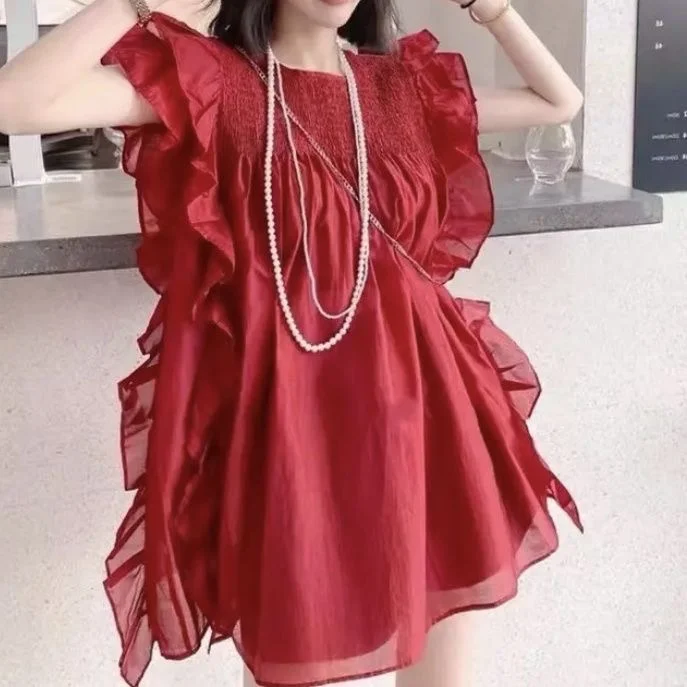 Boutique Red Ruffled Patchwork Chiffon Shirt Summer