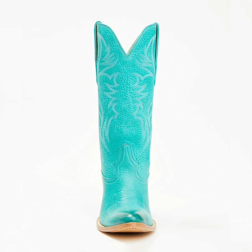 Turquoise Chunky Heel Embroidered Almond Toe Western Boots for Women