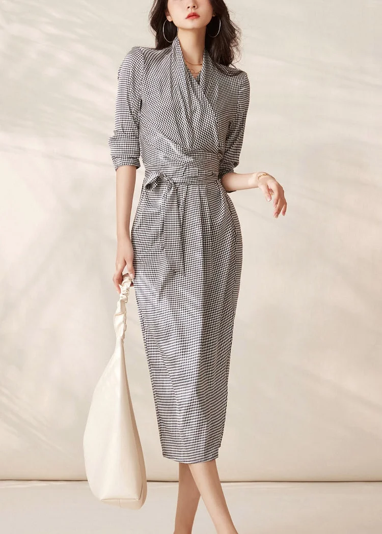 Sexy Grey V Neck Plaid Tie Waist Chiffon Dresses Long Sleeve