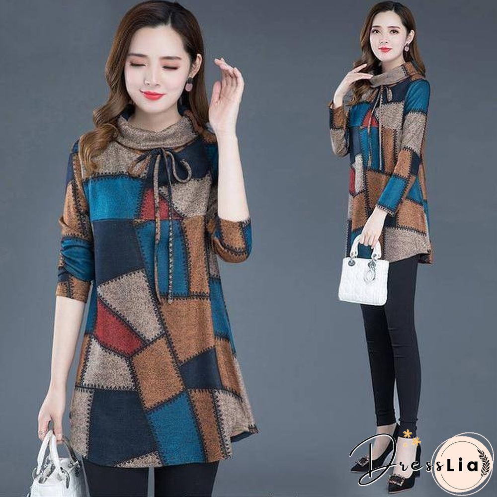 Tunic Women Long sleeve Plus size Tops Vintage Blouse Turtleneck Plaid Autumn Winter Warm Shirt Clothes Ladies Casual
