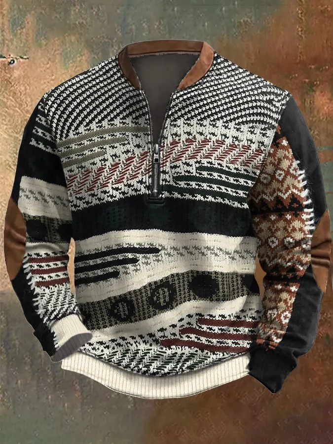 Men'S Retro Print Casual Zip Sweater