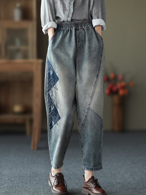 Retro Embroidered Casual Harem Jean Pants