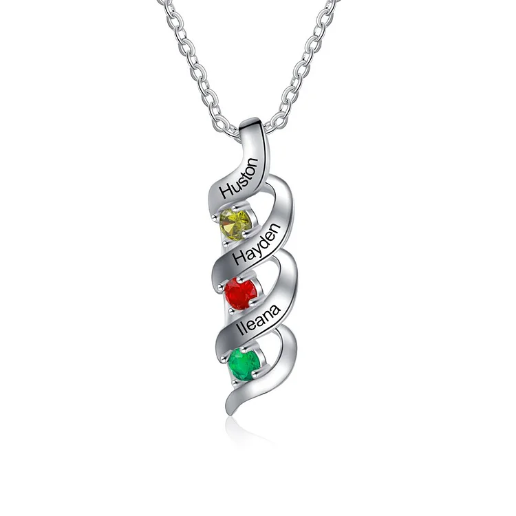 To My Mom Necklace with 3 Heart Birthstones Engraved 3 Names Gifts for Her