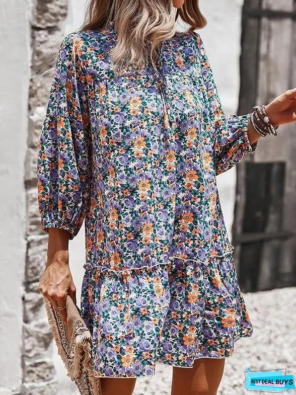 Printed Long Sleeve Casual Holiday Dress
