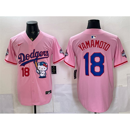 Men's Los Angeles Dodgers #18 Yoshinobu Yamamoto Pink Hello Kitty Night 2025 World Series Champions Patch Stitched Baseball Jersey