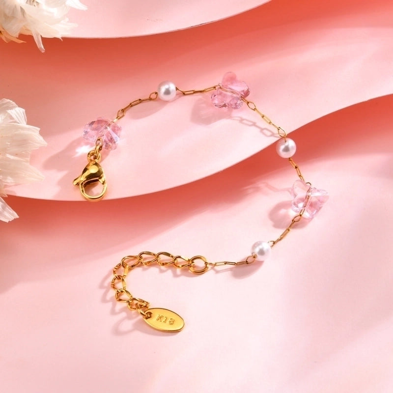 Stainless Steel Plated 18K Gold Chain Pink Butterfly Love Imitation Pearl Children’s Bracelet