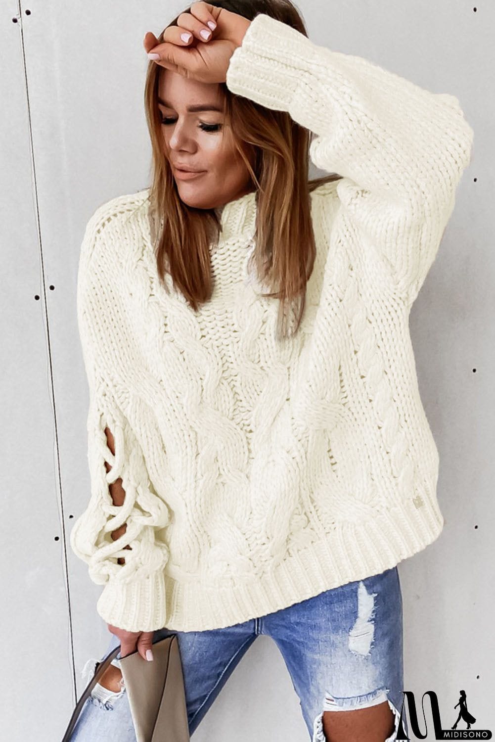 MidiSono - High Neck Cable Knit Hollow-out Sleeves Sweater