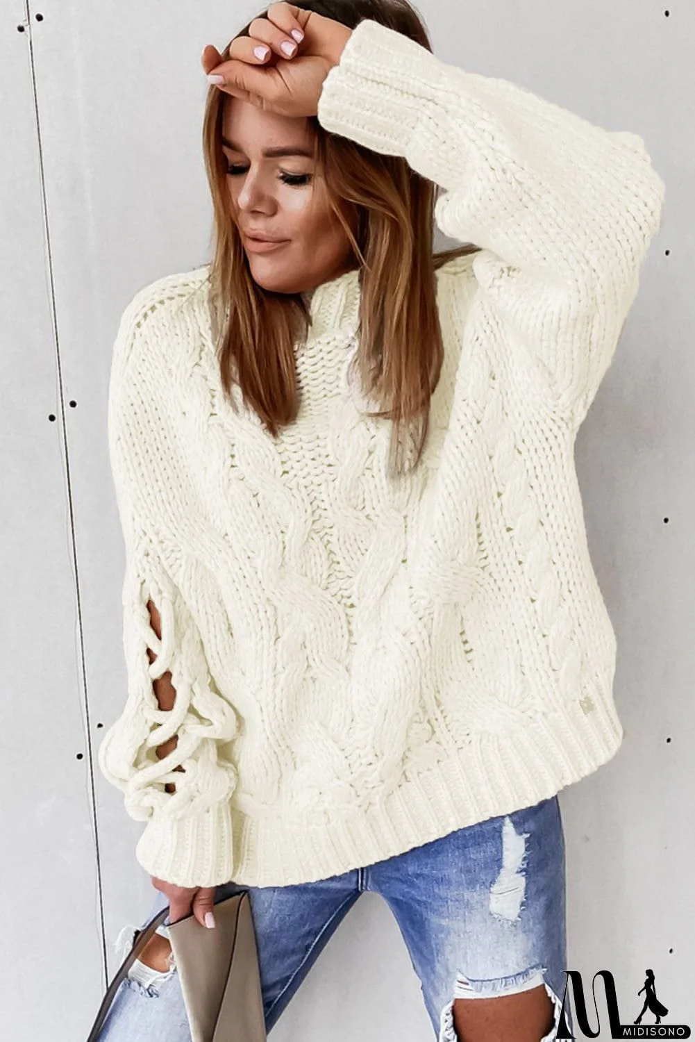 MidiSono - High Neck Cable Knit Hollow-out Sleeves Sweater