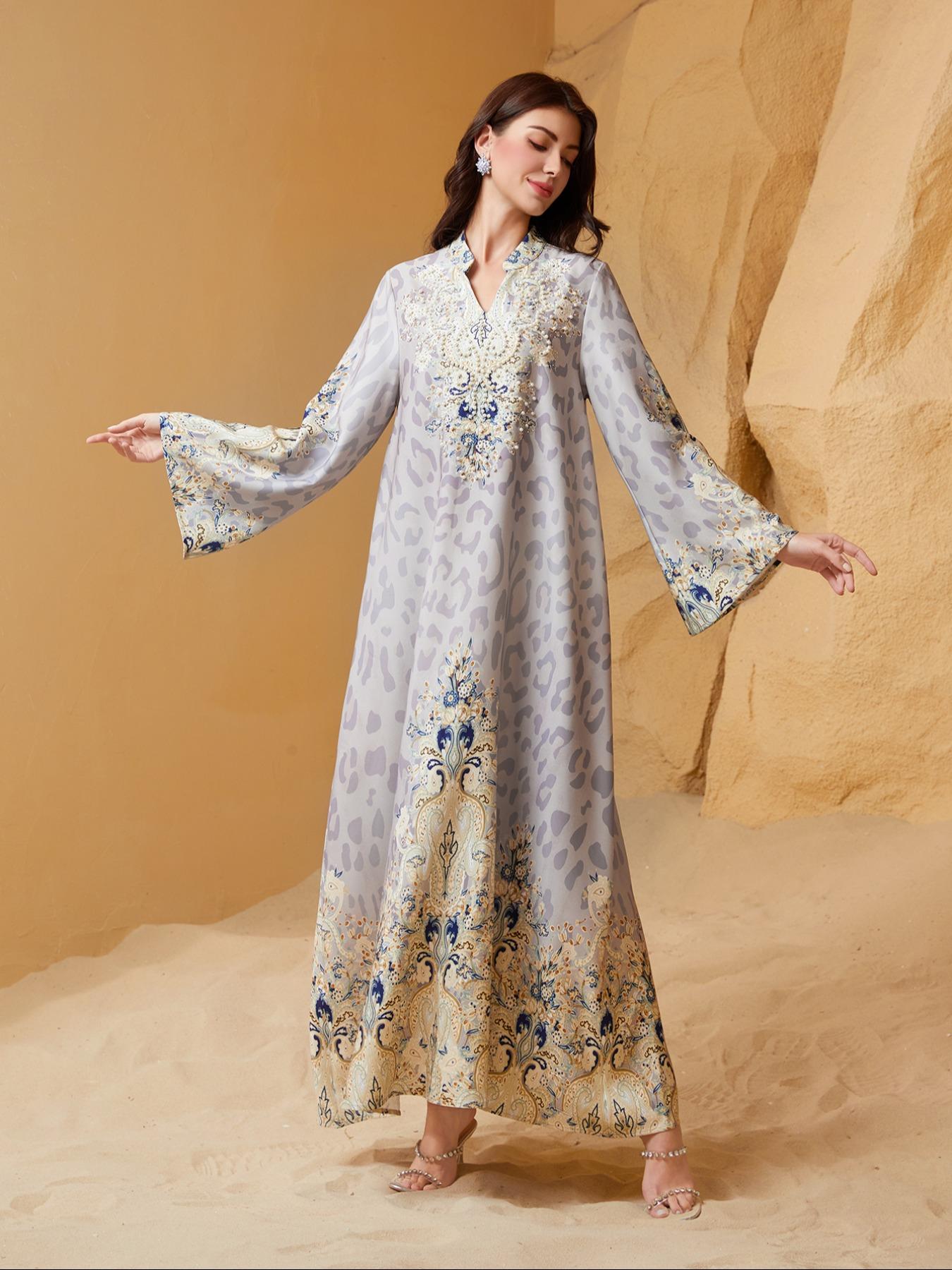 Women's Traditional Ethnic Pattern Faux Pearl Decor Long Dress, Boho Long Sleeve Round Neck Dress for Vacation Holiday Wedding Guest, Ladies Muslim Clothing for All Seasons
