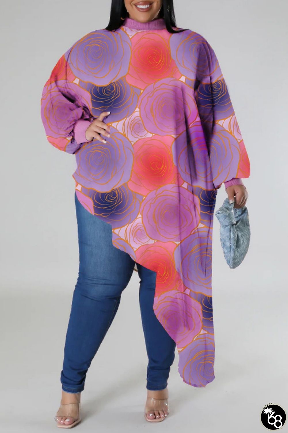 Purple Casual Print Patchwork Asymmetrical Zipper Plus Size Tops | 168DEAL