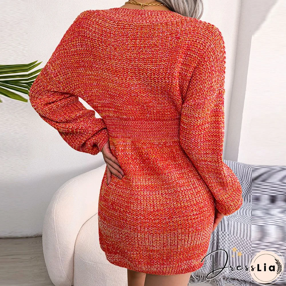 Fashion Autumn Solid Bag Hip Slim Dresses Elegant V Neck Waist Ribbed Mini Dress Female Casual Lantern Long Sleeve Sweater Dress