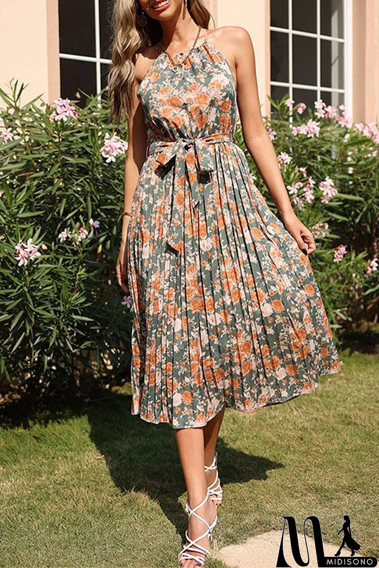 Elegant Floral Frenulum Halter Pleated Dresses