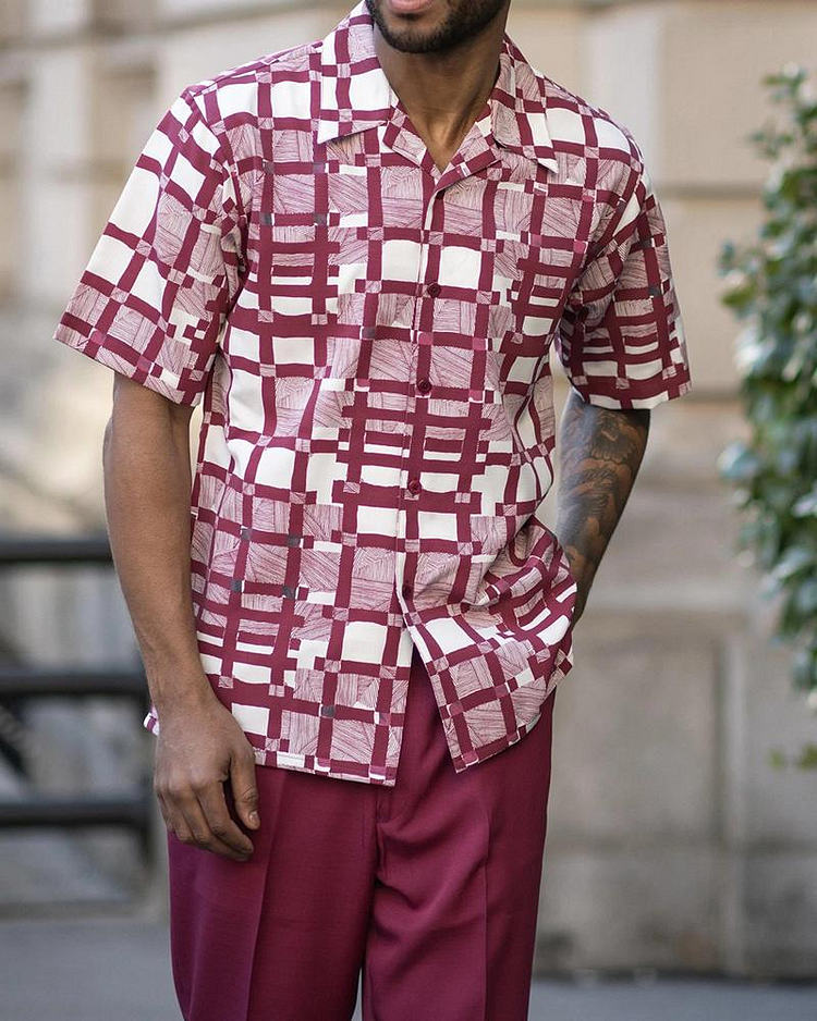 Short Sleeve Two Piece Print Walking Suit Set With Long Pants