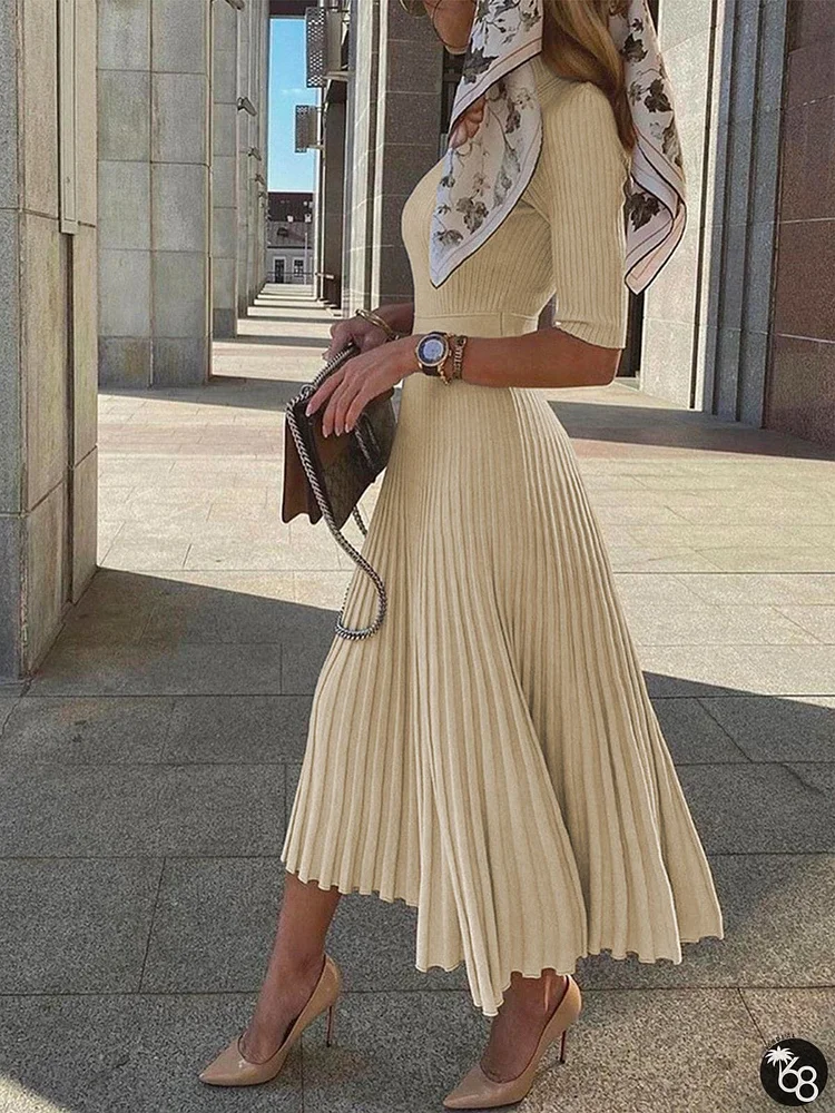 Elegant Plain Stand Collar  Half Sleeve Pleated Midi Dress | 168DEAL