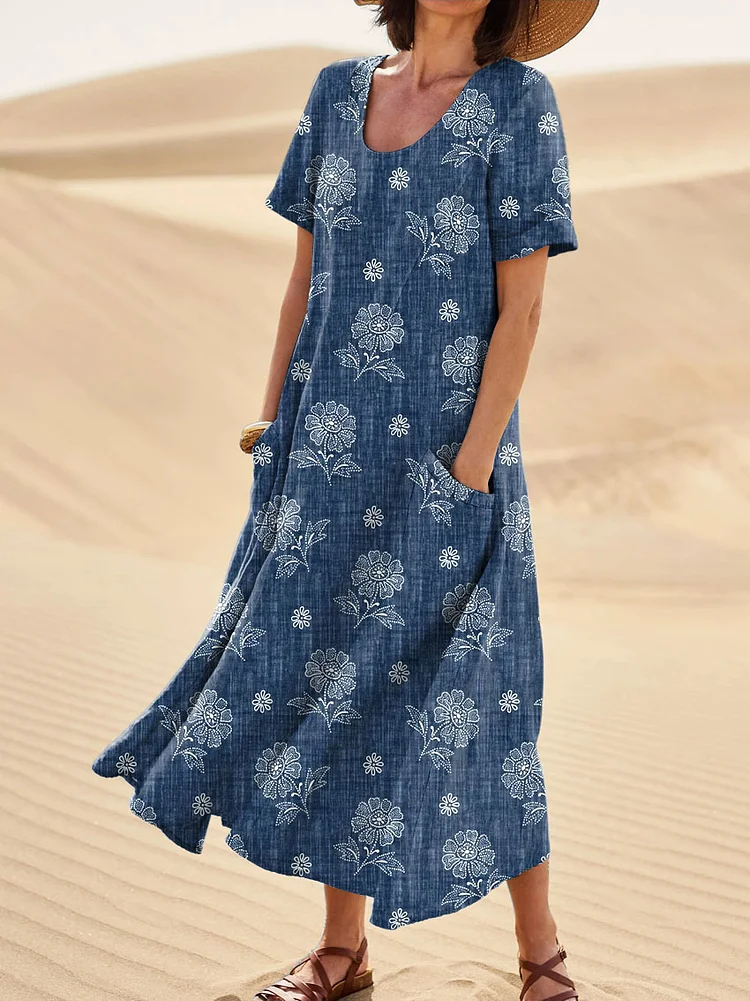Women's Retro Floral Art Print Casual Linen Pocket Dress socialshop