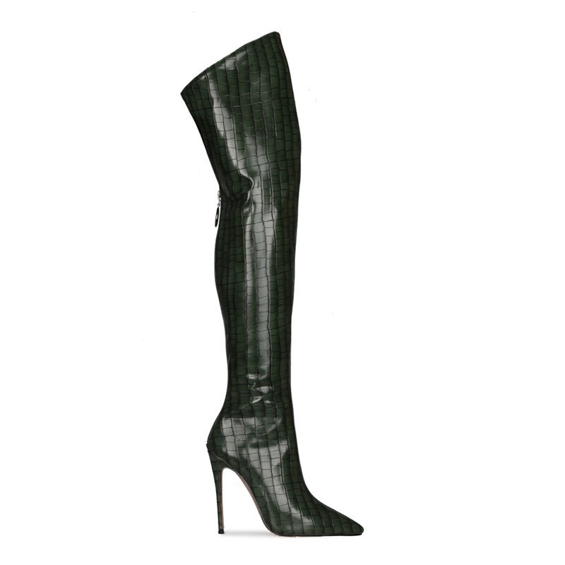 GOOSHOE Leather Women Boots Over The Knee High Heels Stone Pattern Shoes Long Boots Plus Size