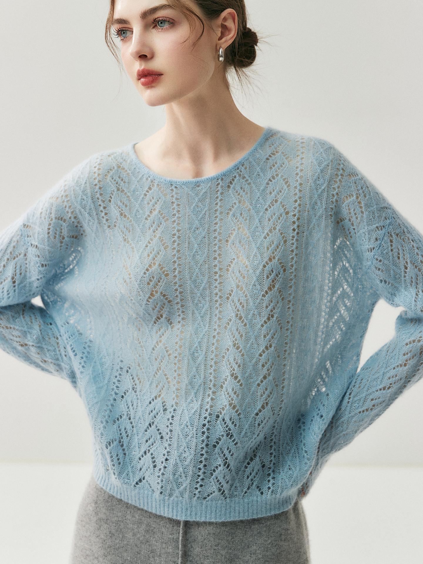 Women's Lightweight Lace-Knit Crewneck Cashmere Sweater Causal Wear REAL SILK LIFE