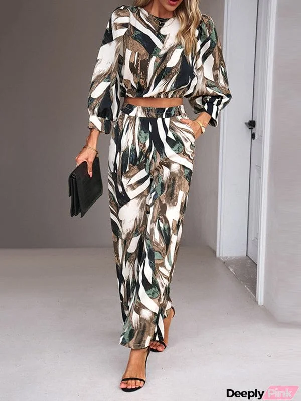 Nine-Minute Sleeve Puff Sleeves Printed Round-Neck Shirts Top + Elasticity Pants Bottom Two Pieces Set