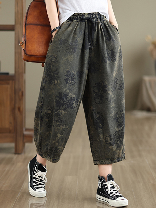 Floral Print Drawstring Waist Three Quarter Length Vintage Pant