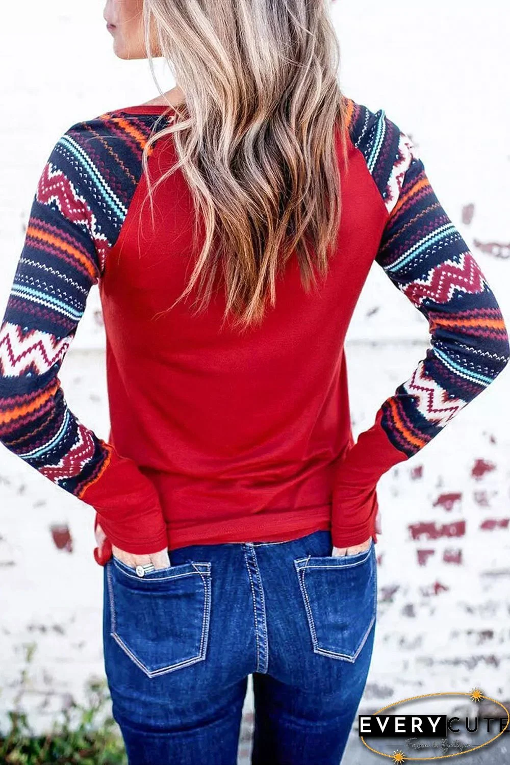 Red Raglan Sleeve Aztec Geometric Patchwork Top with Pocket
