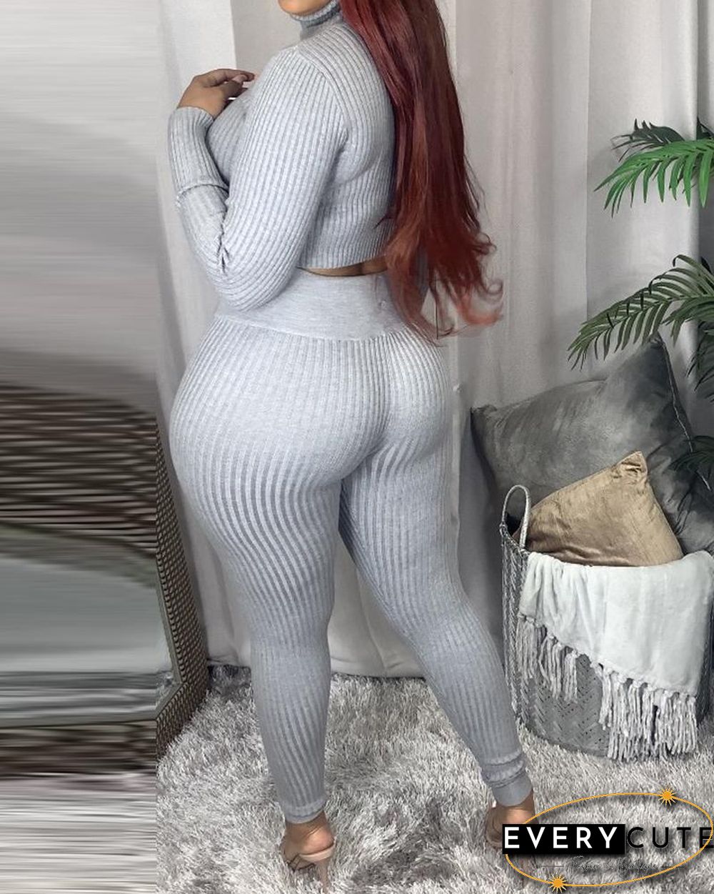 Ribbed High Neck Crop Top & Pants Set