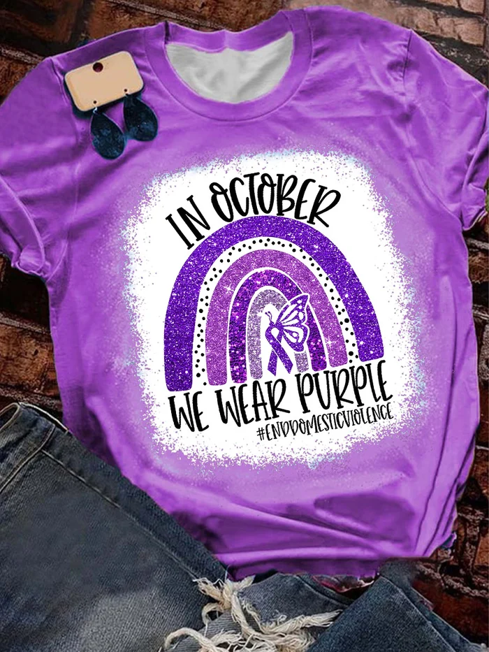 Rainbow Butterfly In October We Wear Purple End Domestic Violence Print Splatter T-Shirt