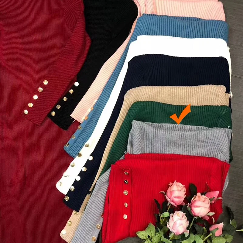 Winter Dress Women Turtleneck Sweater Dress Buttoned Long Sleeve Midi Knitted Bodycon Dress Elegant Womens Dresses Clothing Robe