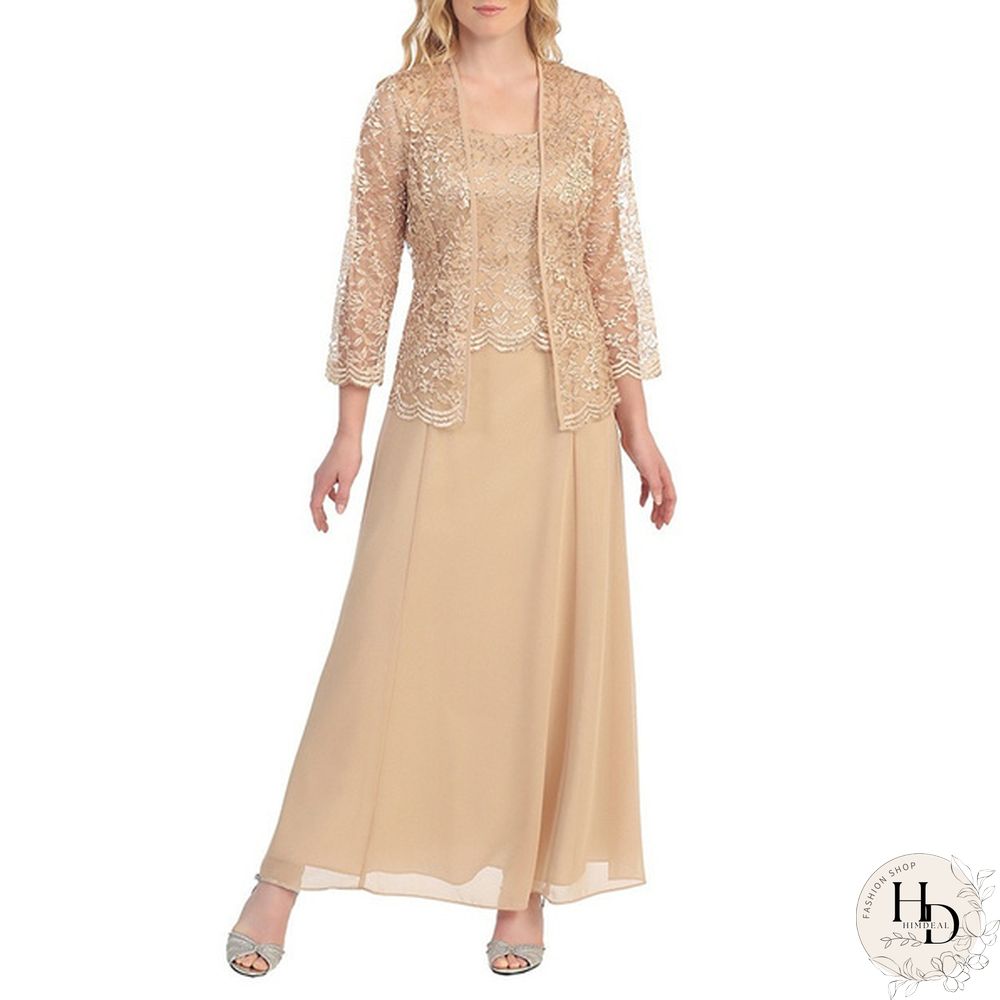 New Women Lace Cardigan And Chiffon Maxi Skirt Two-Piece Ladies Fashion Long Chiffon Dress Mother Of Groom Dress With Lace Long Sleeve