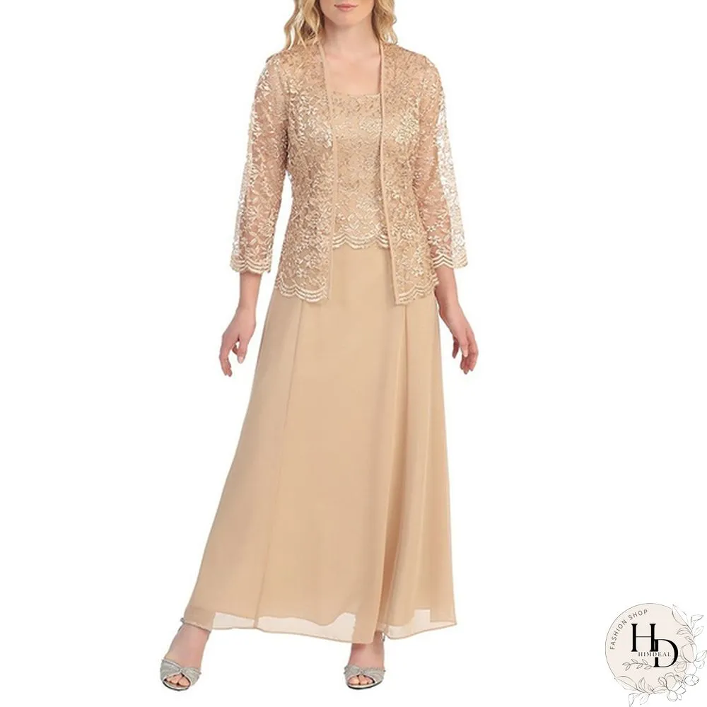 New Women Lace Cardigan And Chiffon Maxi Skirt Two-Piece Ladies Fashion Long Chiffon Dress Mother Of Groom Dress With Lace Long Sleeve