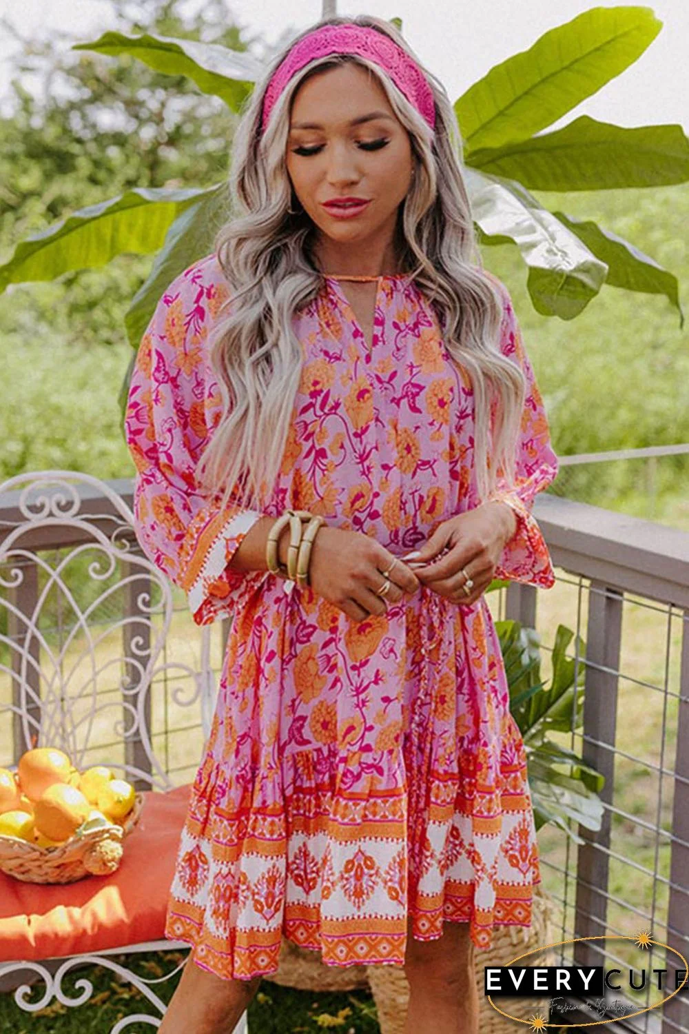 Red 3/4 Sleeve Boho Floral Belted Mini Dress