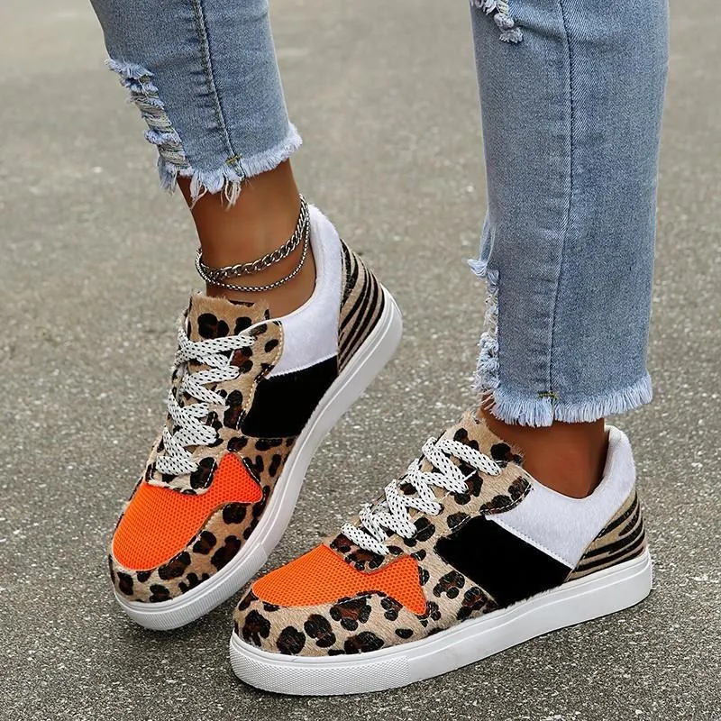 Qengg New Women's Casual Shoes Stylish Leopard Print Lace-Up Colorblock Sneakers Platform Comfort Vulcanized Shoes Tenis Respiravel