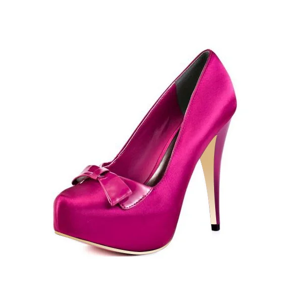 Magenta Satin Platform Bow Heels Almond Toe Chunky Heel Pumps |FSJ Shoes