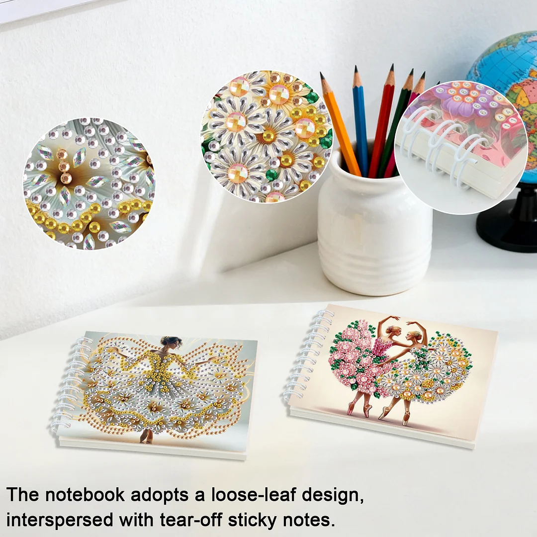 2 Pack Flower Ballet Lady DIY Diamond Art Spiral Notebook Kit 80Pages No Lines