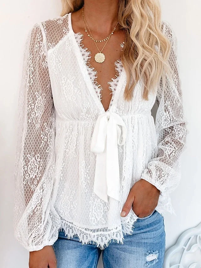 Women's Blouse Deep V-neck Lace See-through Long Sleeve Vintage Tops