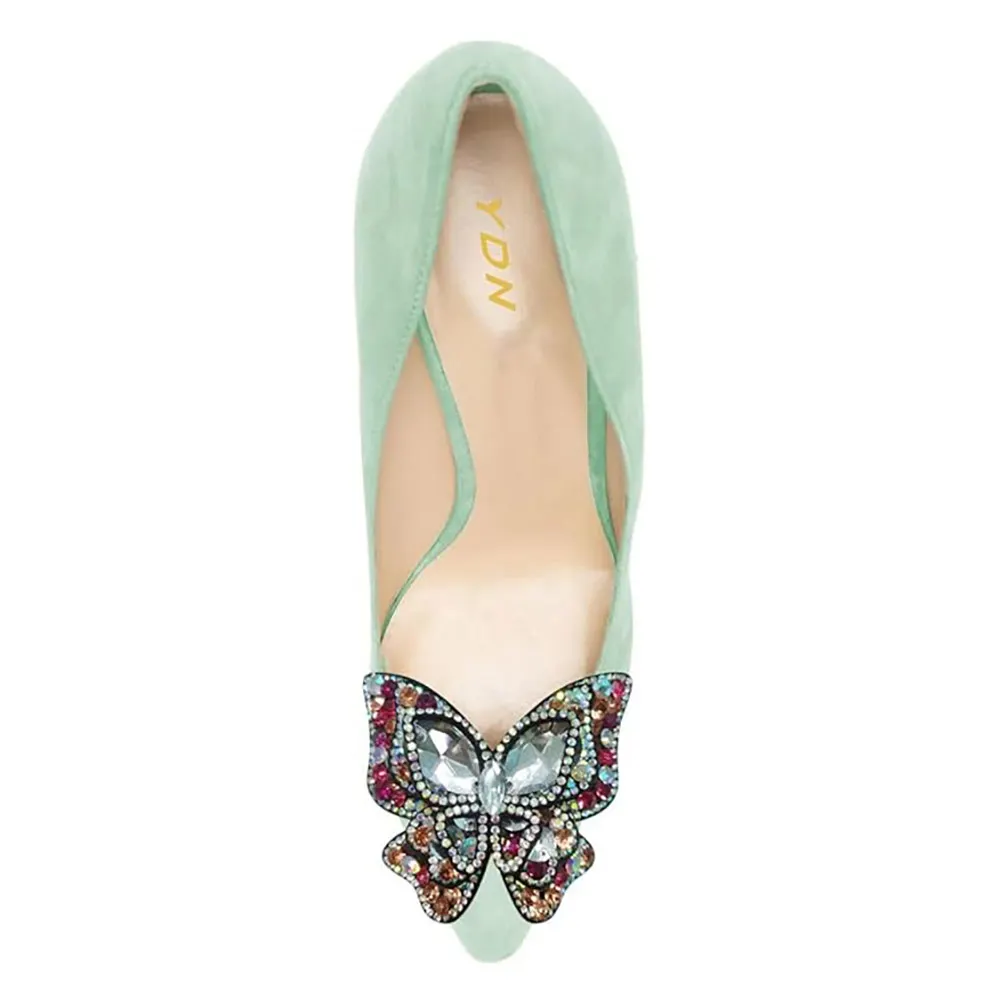 Green Pointed Toe Decorative Heel Butterfly Rhinestone Pumps Shoes