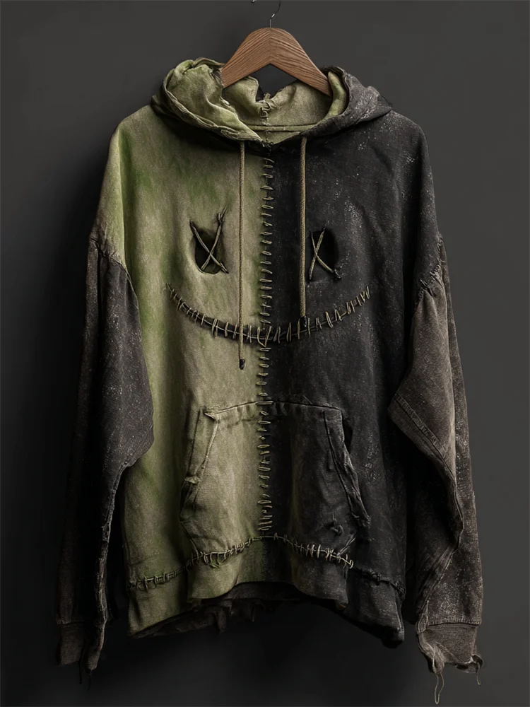 Halloween Monster Face Contrast Patchwork Washed Hoodie