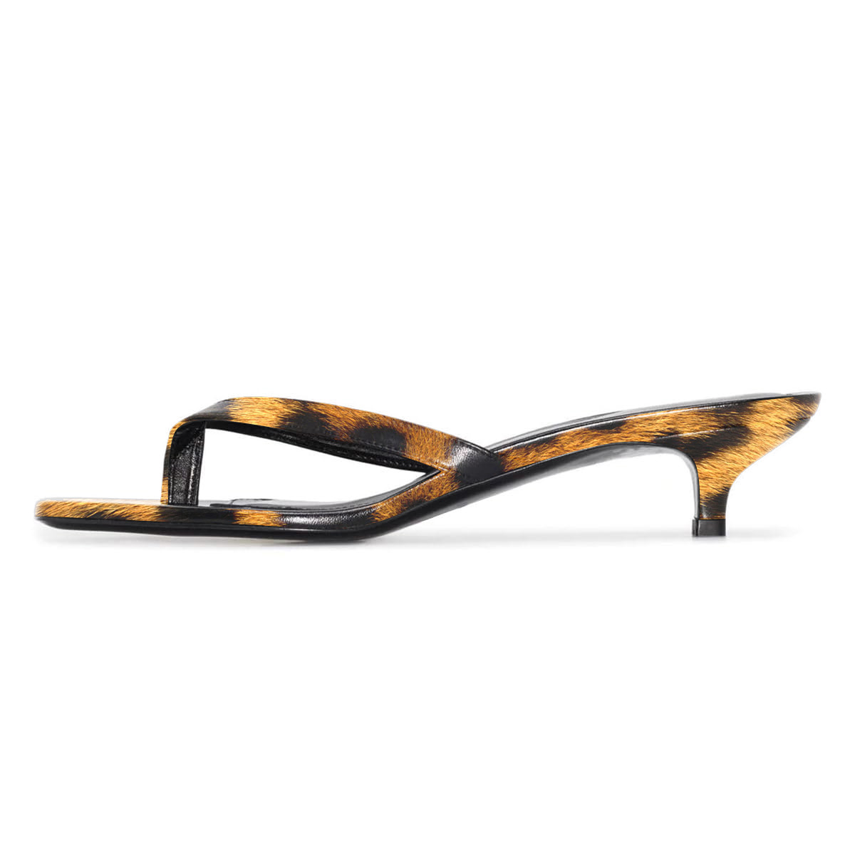 Yellow & Black Leopard Printed Open Square Toe Kitten Heel Flip Flops Nicepairs