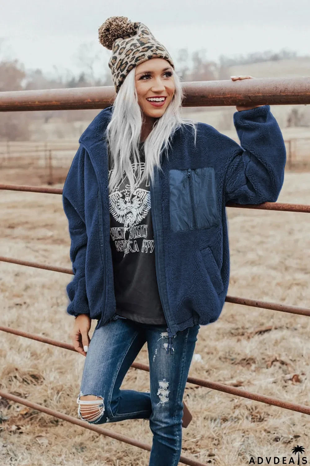 Zip Up Sherpa Coat With Pocket