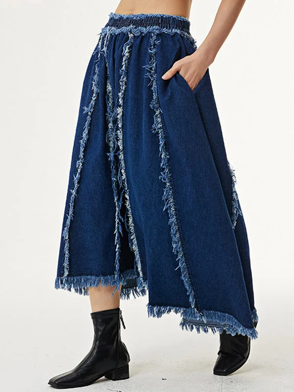 Simple High Waisted Asymmetric Fringed Denim Skirt