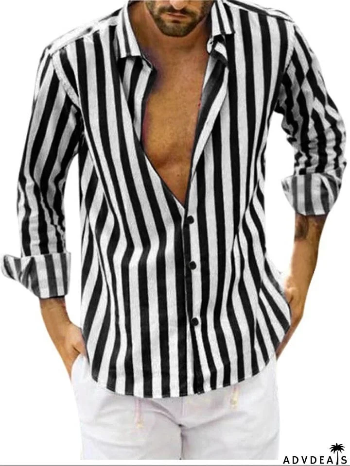 Men's Casual Fashion Button Up Long Sleeve Striped Shirts