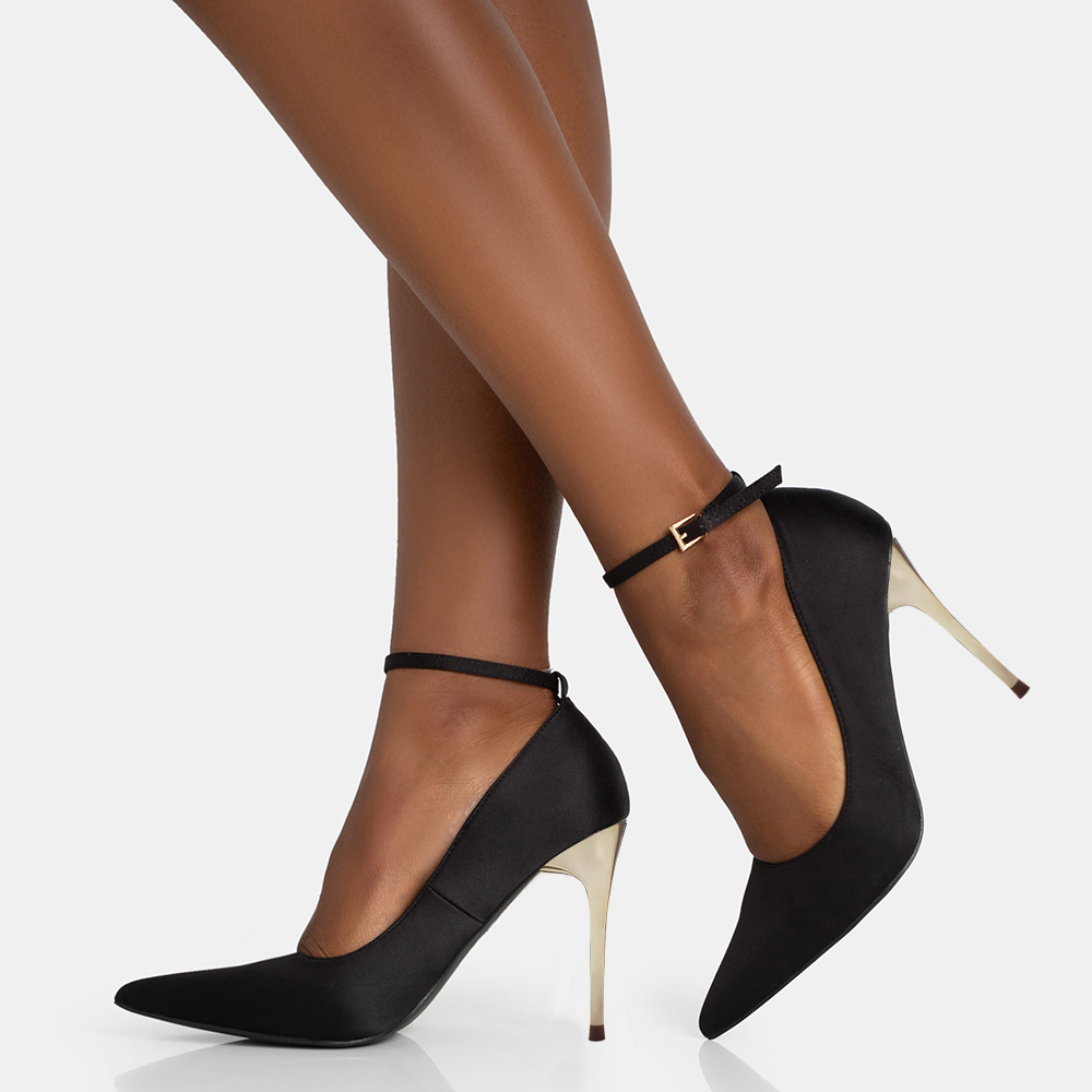 Black Satin Closed Toe 3'' Stiletto Heels Ankle Strap Pumps Nicepairs