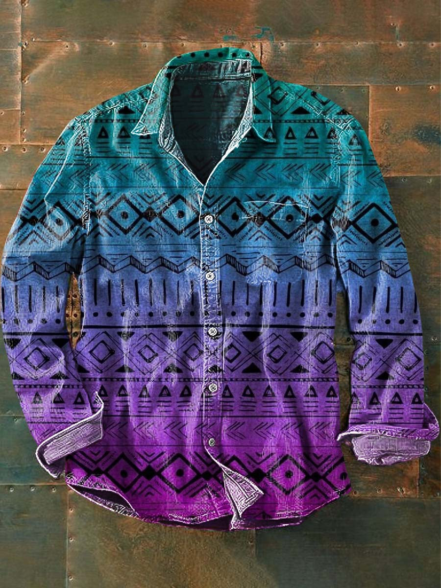 Men's Vintage Western Pattern Print Casual Lapel Long Sleeve Shirt