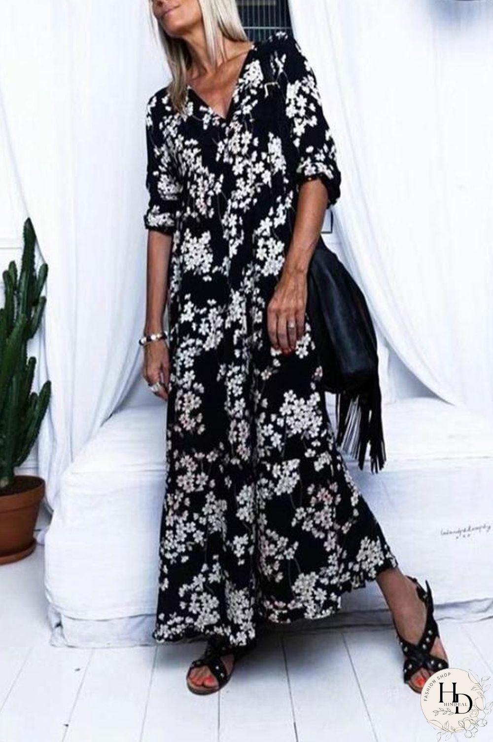 Casual V-Neck Print Boho Maxi Dress P10663