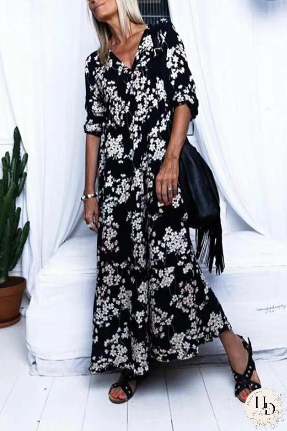 Casual V-Neck Print Boho Maxi Dress P10663