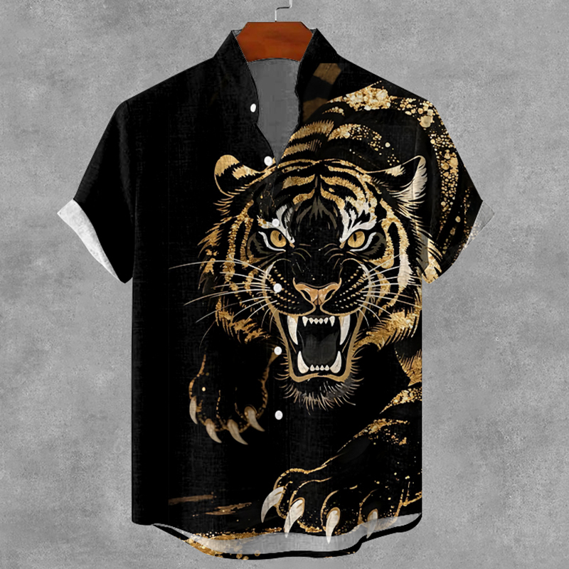 Men's Vintage Tiger Japanese Art Color Block Print Casual Shirt  artssus