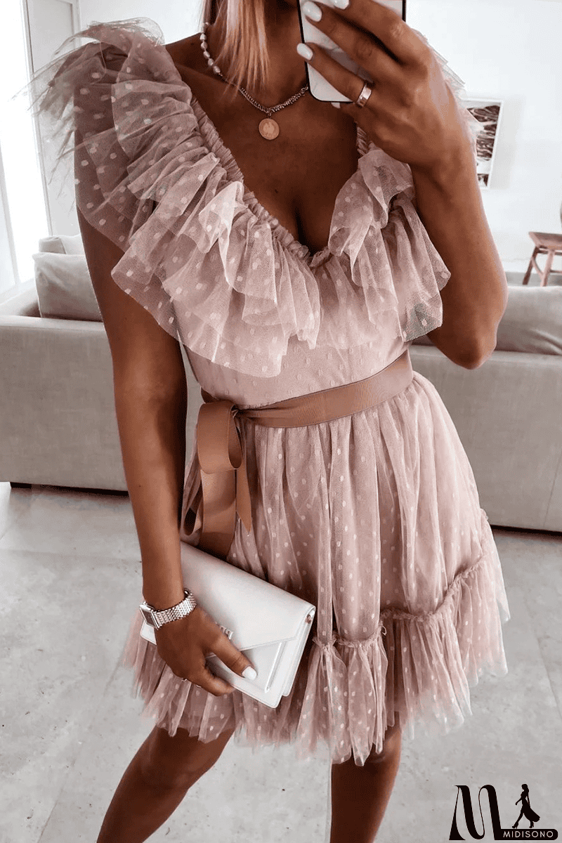 MidiSono - Dot Mesh V Neck Cake Skirt Dresses