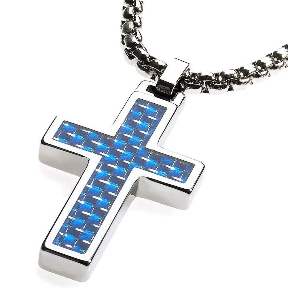 Women's Or Men's Unique Tungsten Cross Pendant. 4mm Wide Surgical Stainless Steel Box Chain. Blue Carbon Fiber Inlay. Necklace Jewelry Gifts For Mens And Womens