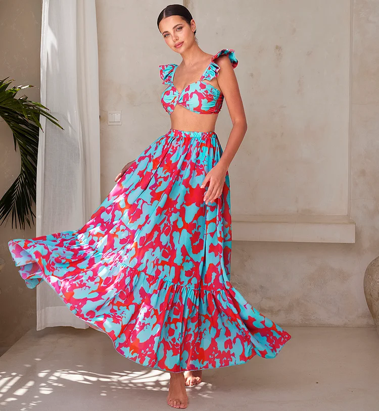 Printed Ruffle Bikini Swimsuit and Skirt