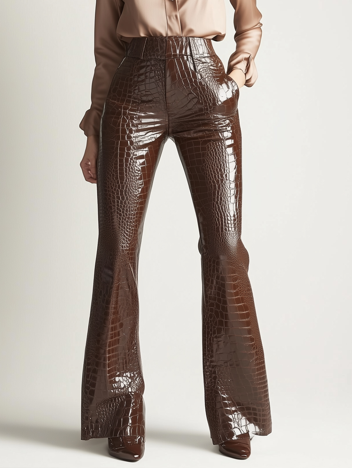 Ursime Patent PU Leather Crocodile Flare Leg Pants